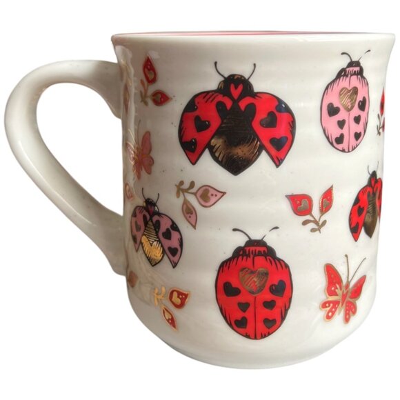 SHEFFIELD HOME Ladybug & Hearts Speckled MUG Sturdy Red Pink Gold 4.5" tall - Picture 3 of 14